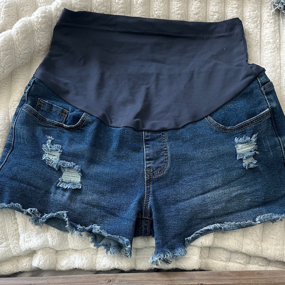 Maternity Denim Shorts with Stretch Waistband - Dark Blue